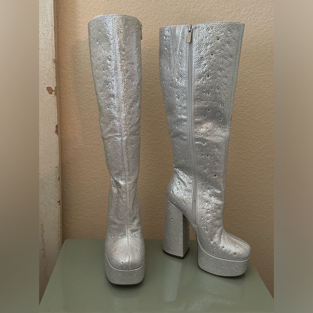 Jessica Simpson rhinestone silver shimmer platform boots